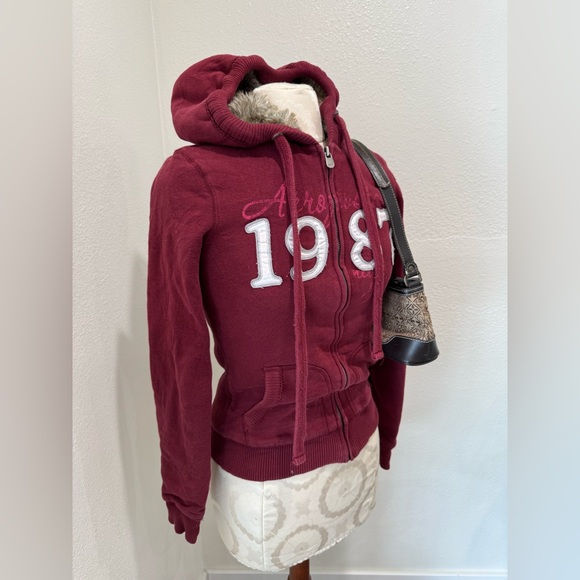 Aeropostale Y2K Vintage Burgundy Zip Up Hoodie Jacket Faux Fur Lining Size Small - Picture 9 of 15